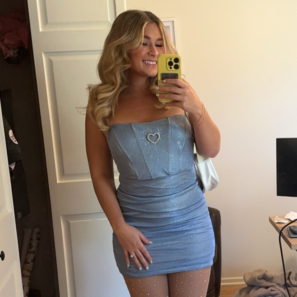 Sabrina Carpenter Blue Glitter Mini Corset Dress